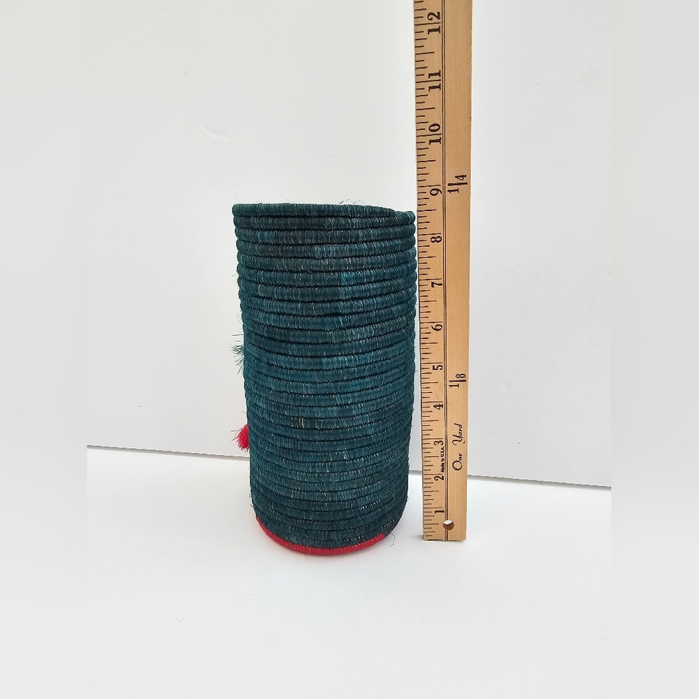 Handmade Rwandan Coiled Sisal Basket Vase Teal with Layered Tassels Boho Art - Picture 3 of 6